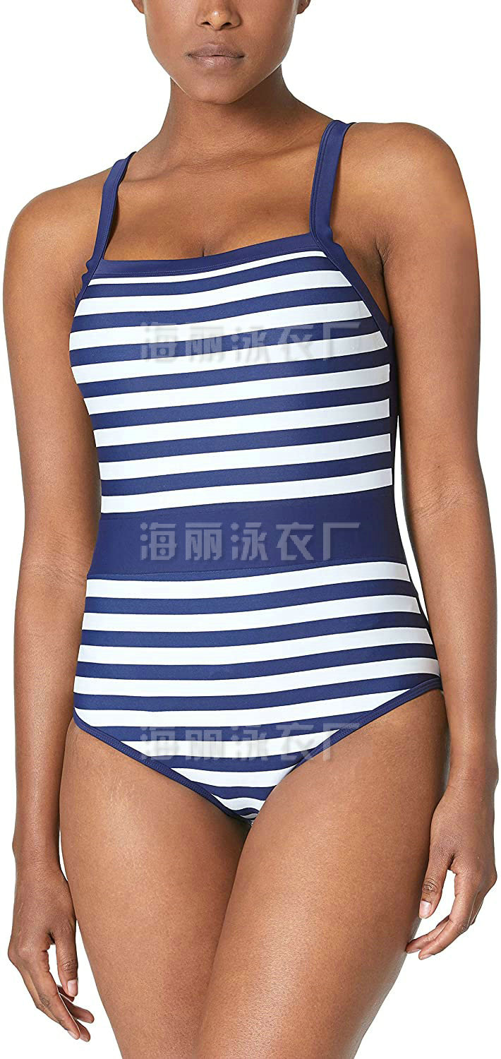 海丽泳衣厂 - 海军风条纹女式吊带抹胸连体泳衣